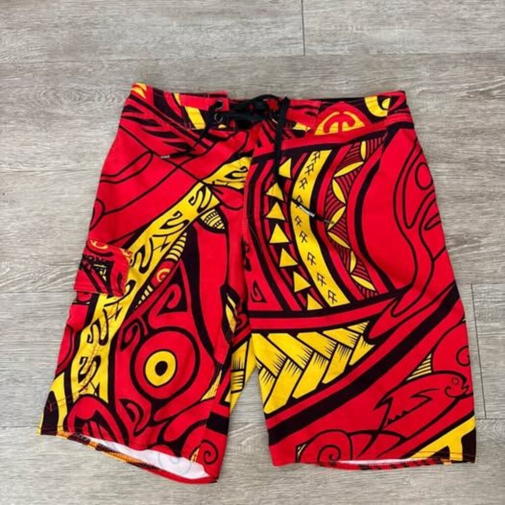 Vintage Y2K Hinano Tahiti Tribal Polynesian Board Shorts Swim Trunks Red 29